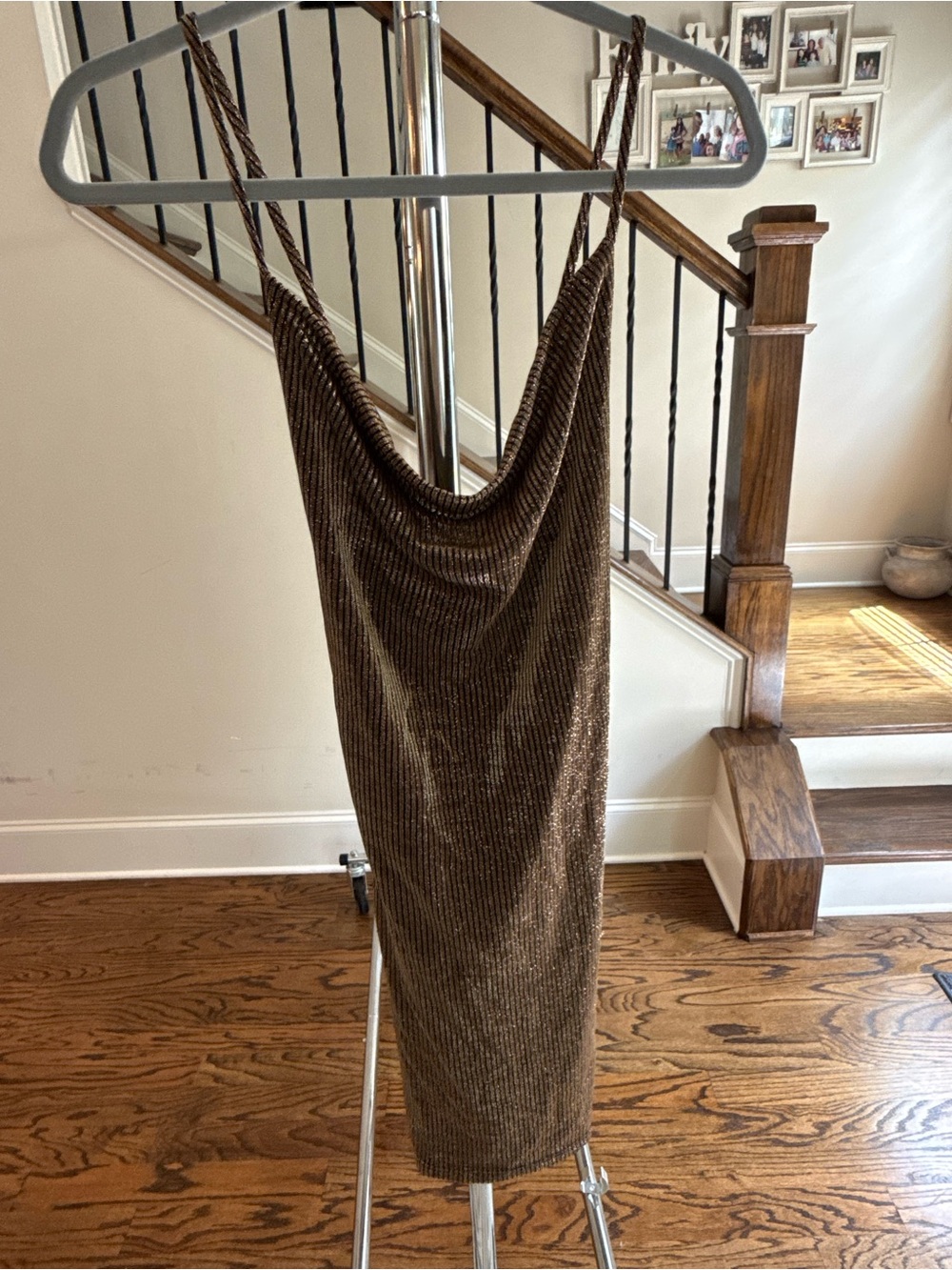Libian Brown Metallic Ribbed Mini Dress
